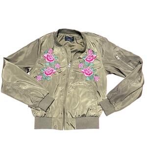 Love Tree Women’s Olive Bomber Jacket S Pink Rose Embroidered Floral MA-1